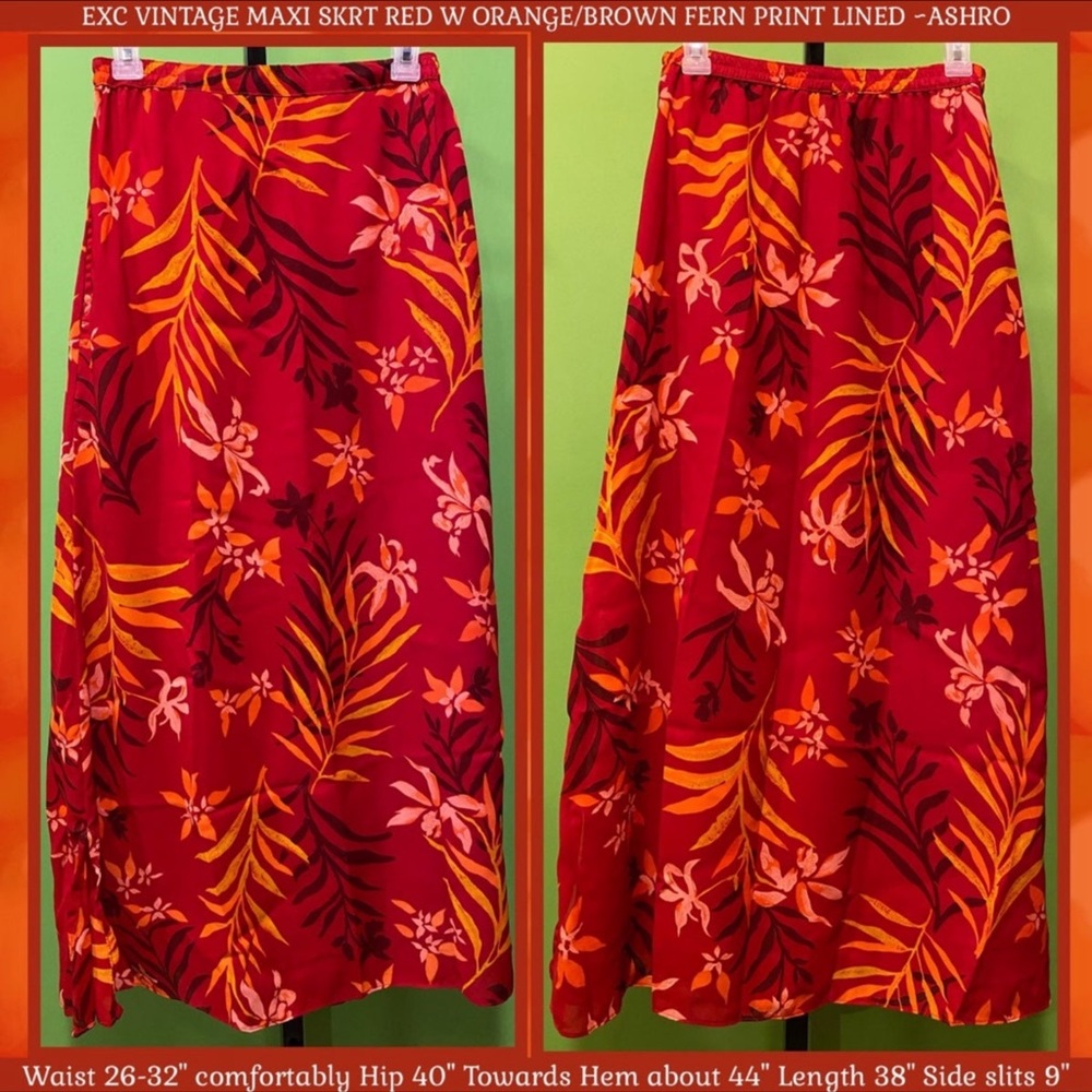 EXC VINTAGE ASHRO MAXI SKRT RED/ORANGE/BROWN FERN PRINT LINED
